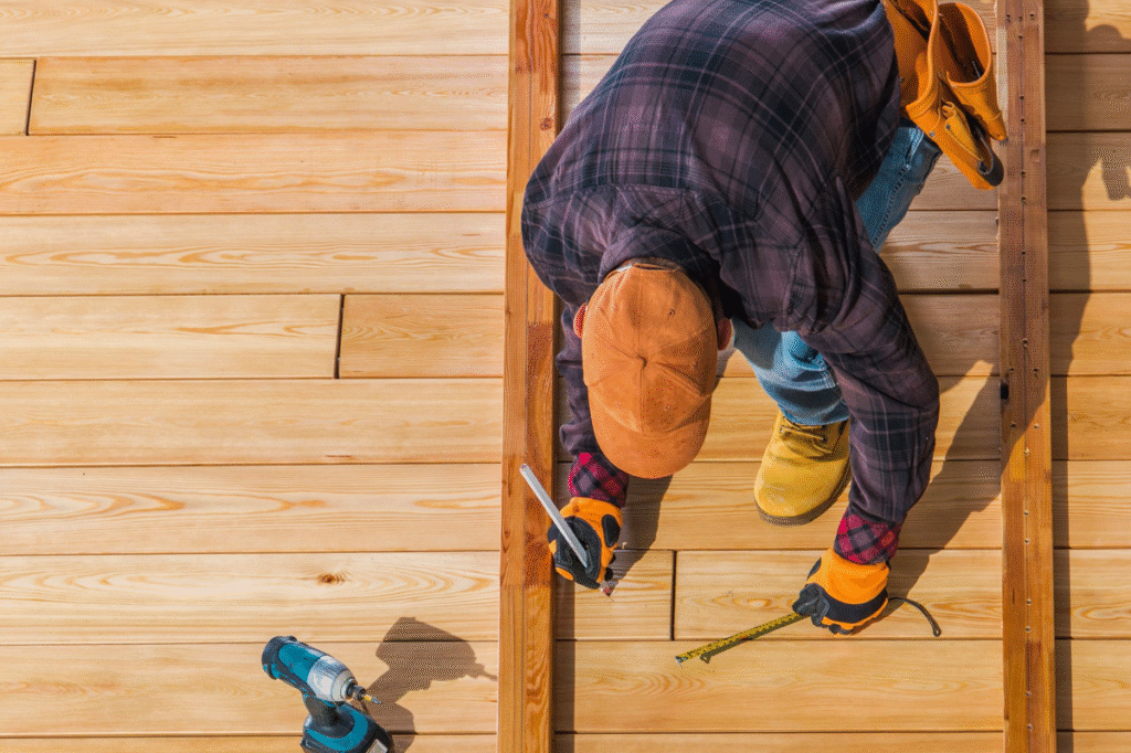 Overhead photo of tradesperson building Brisbane decking timber deck.