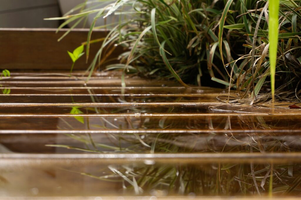 Wet garden timber decking with water reflecting the plants beside the deck.