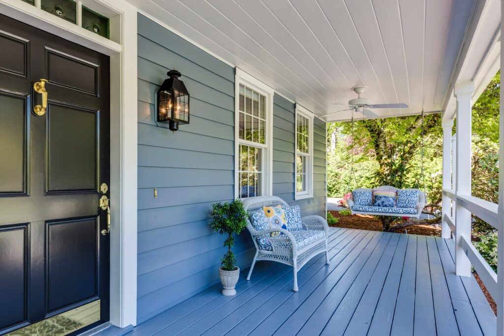 front porch with timber cladding painted blue