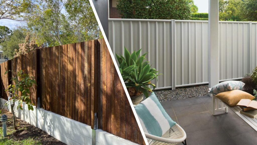 Hardwood timber and colorbond fence images side by side with white diagonal line dividing the two