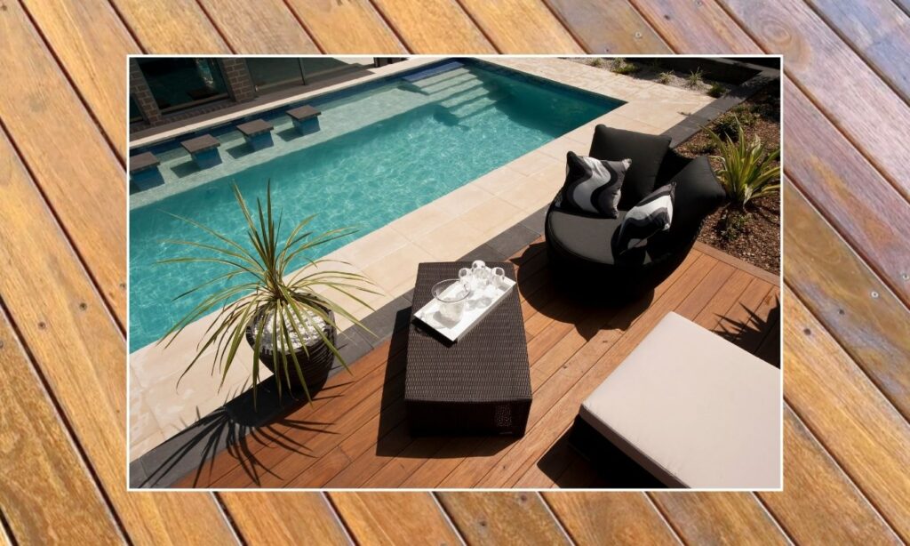 Image shows a close up of a deck built using blackbutt timber with another image overlaid over the top that shows a poolside blackbutt deck with lounge chairs and plants on the deck