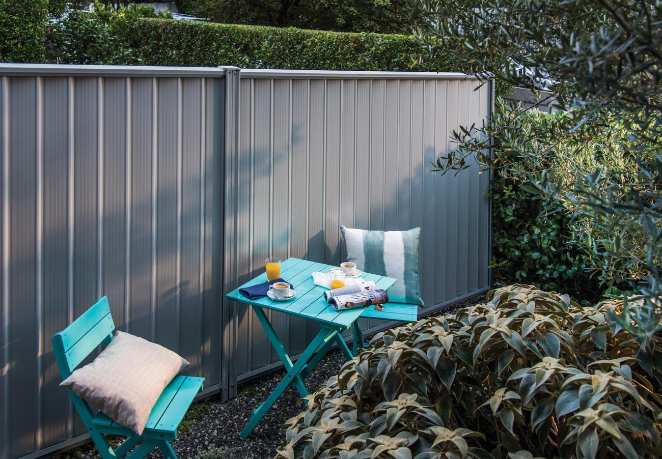 Colorbond Smartascreen Panel in Woodland Grey in backyard